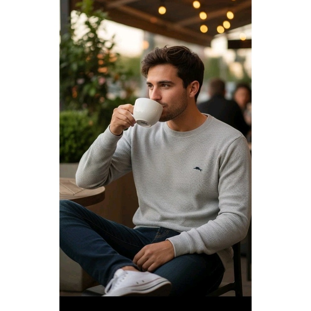 Tommy Bahama Men's L Grey Long Sleeve Waffle Knit Thermal Crewneck Shirt Resort